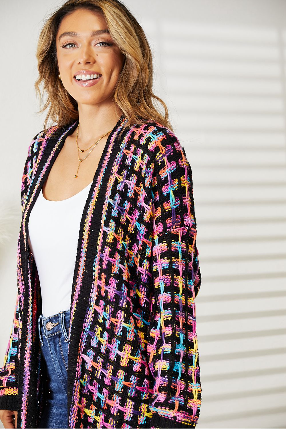 Full Size Multicolored Open Front Fringe Hem Cardigan